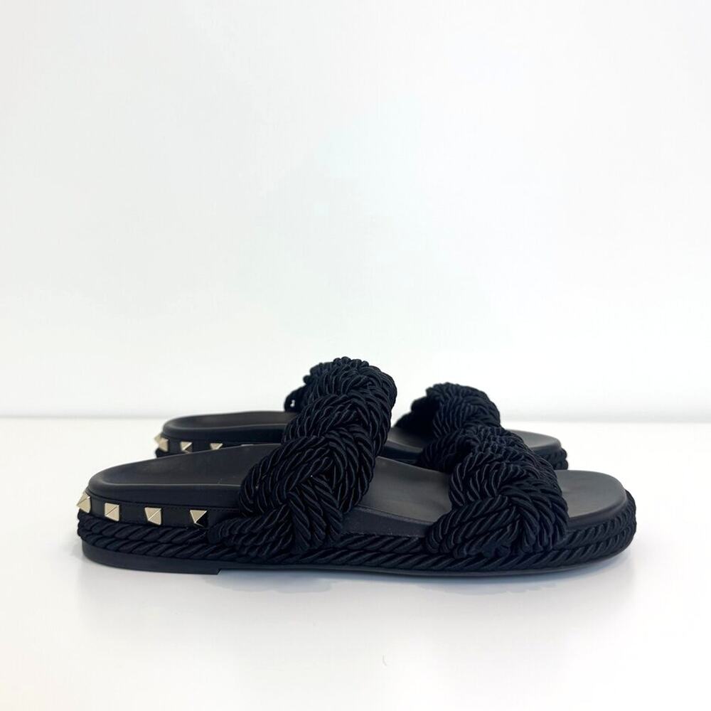 VALENTINO Garavani Rockstud Black Braided Rope Slide Sandals 39 Rope Shoes